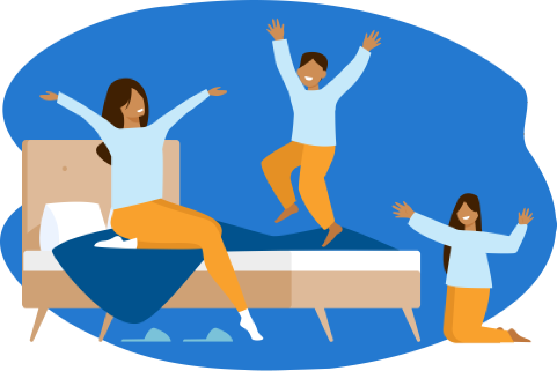 Família a saltar na cama, de braços levantados, a mostrar sinais de felicidade.